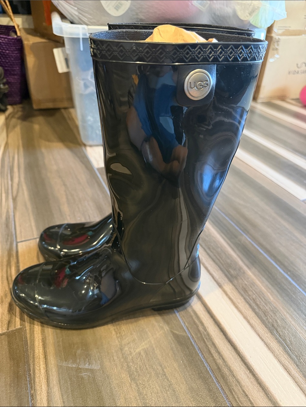 UGG Women's Glossy Black Tall Rain Boots - Picture 2 of 12